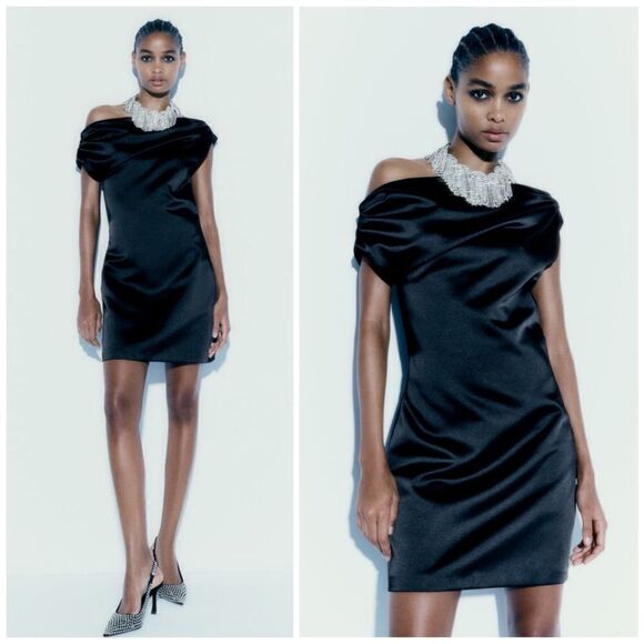 Zara Asymmetric Satin Dress Black New - Picture 1 of 10